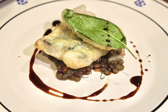 Fritto of pike conger and sage with lentil salad