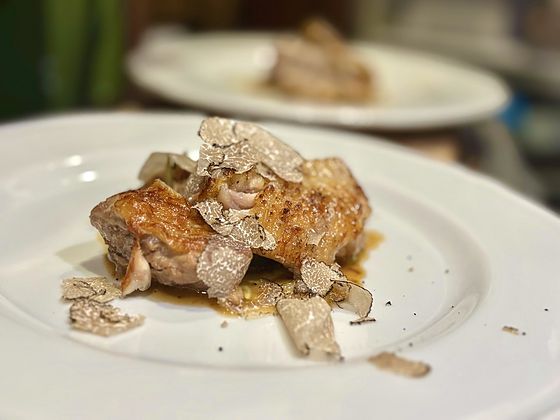 Marche-style potacchio of Amagi shamo chicken, topped with truffle from the Marche